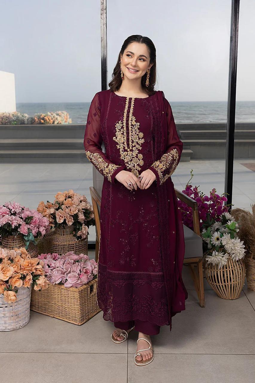 Azure Unstitched Replica Chiffon Suit with Embroidered Dupatta & Malai Trouser