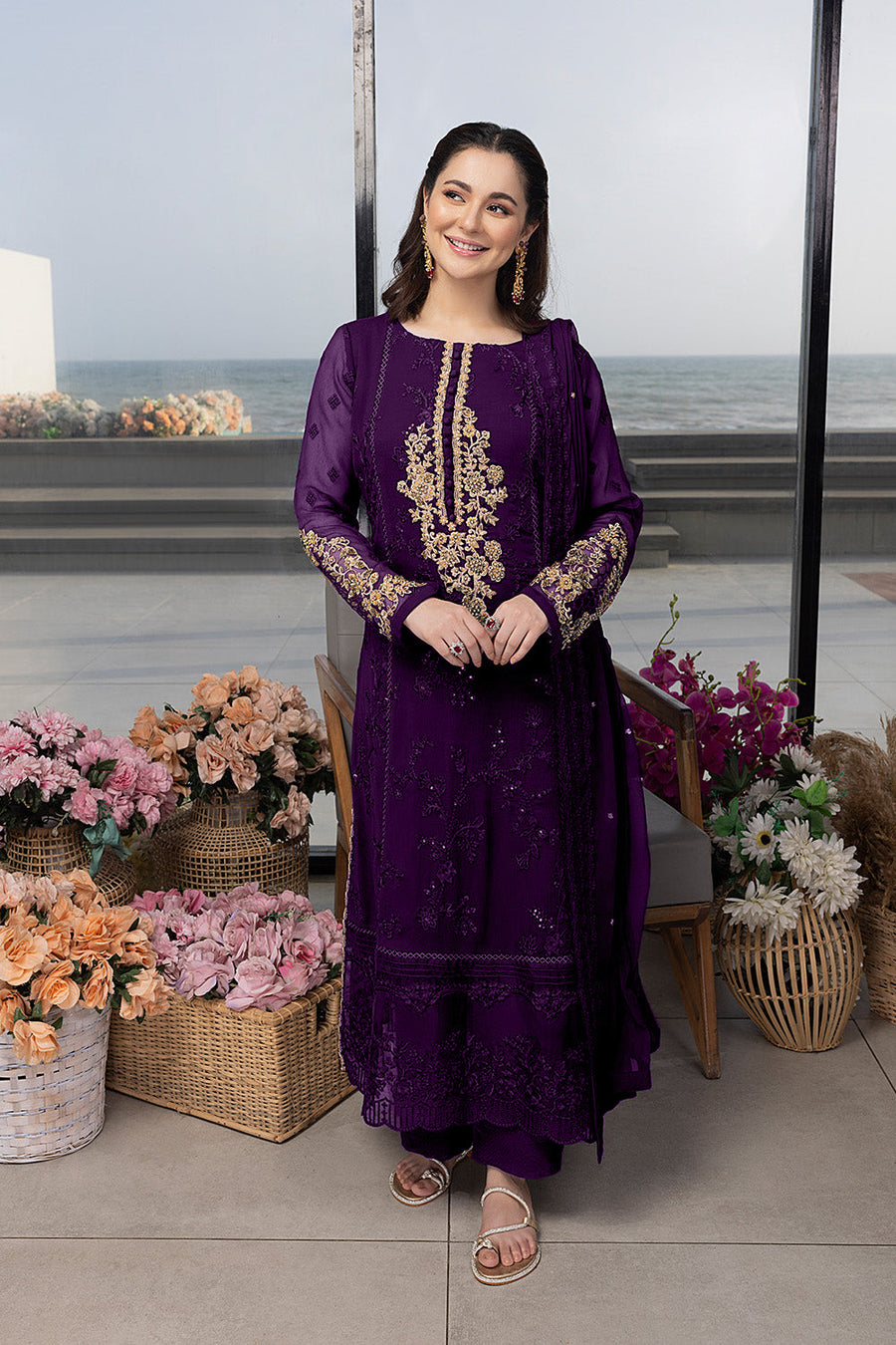 Azure Unstitched Replica Chiffon Suit with Embroidered Dupatta & Malai Trouser
