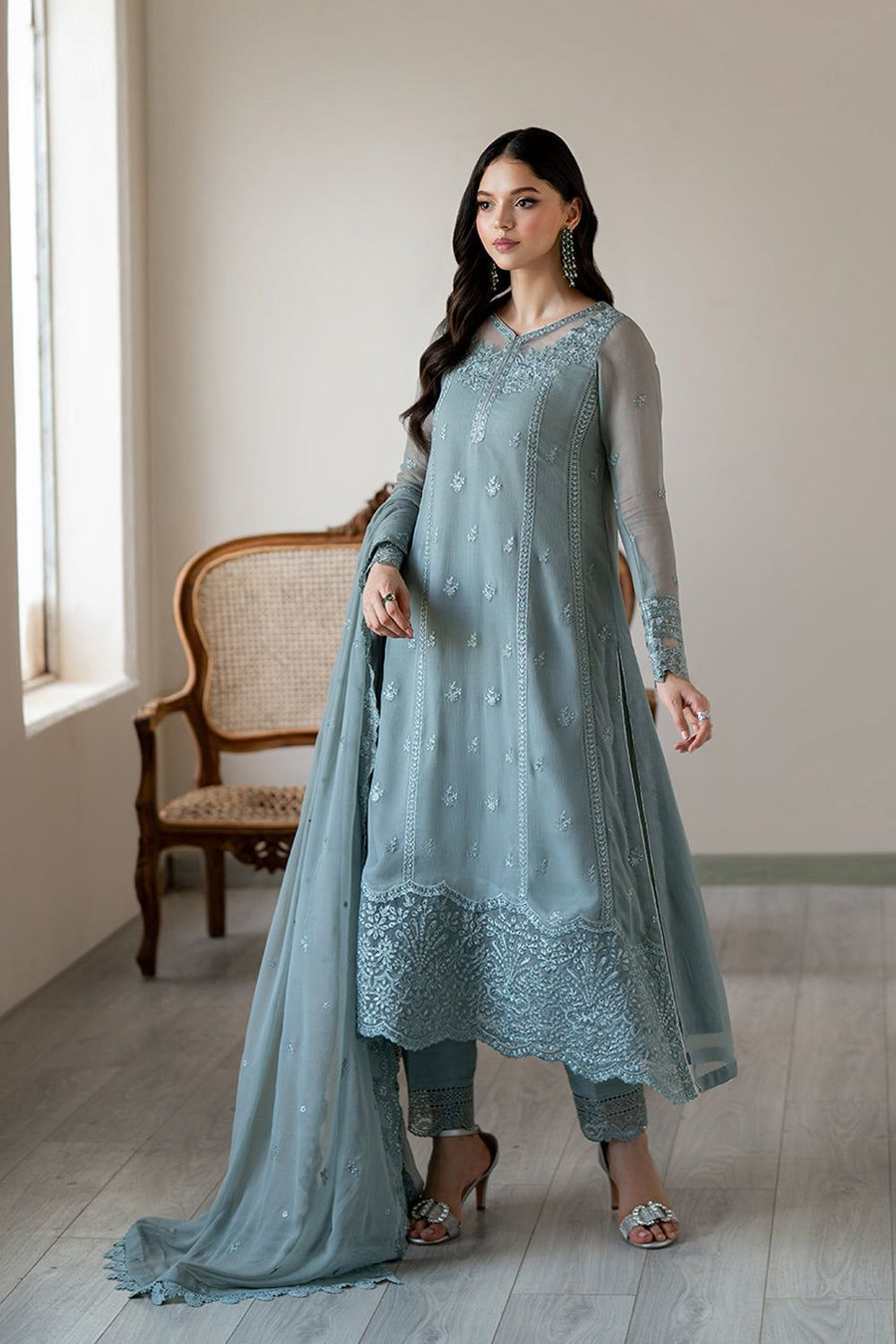 Azure Premium Luxury Replica | Heavy Embroidered Chiffon 3 Piece Unstitched Suit