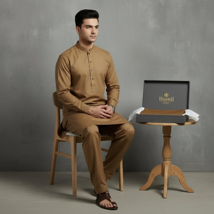 Al Maknoon Gold Brown- Men Blended Unstitched Fabric