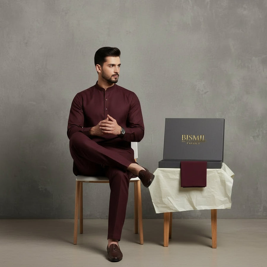 Al Maknoon Maroon Court - Men Blended Unstitched Fabric