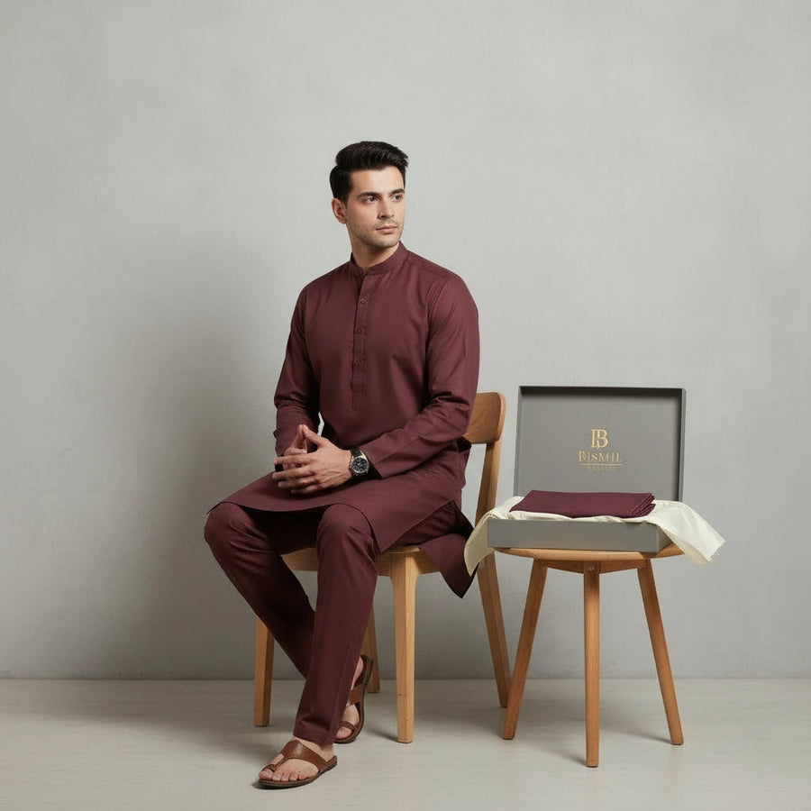 Al Maknoon pastel Maroon - Men Blended Unstitched Fabric