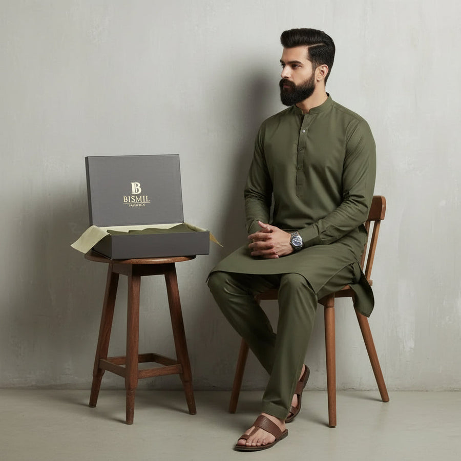 Al Maknoon Pista Green - Men Blended Unstitched Fabric