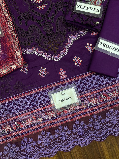 Bin Ilyas Premium Cotton Collection | Heavy Embroidered 3 Piece Unstitched Suit with Net Dupatta