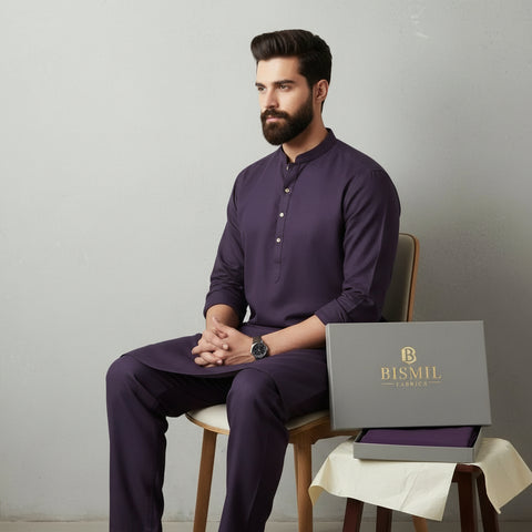 Al Maknoon Dark Purple - Men Blended Unstitched Fabric