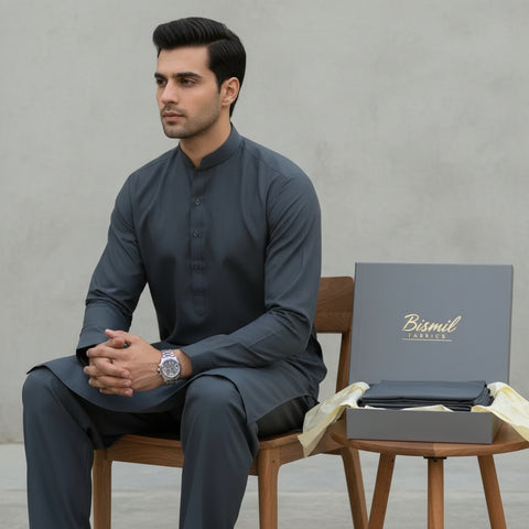 Al Maknoon Gray - Men Blended Unstitched Fabric