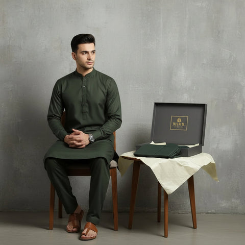 Al Maknoon Olive - Men Blended Unstitched Fabric