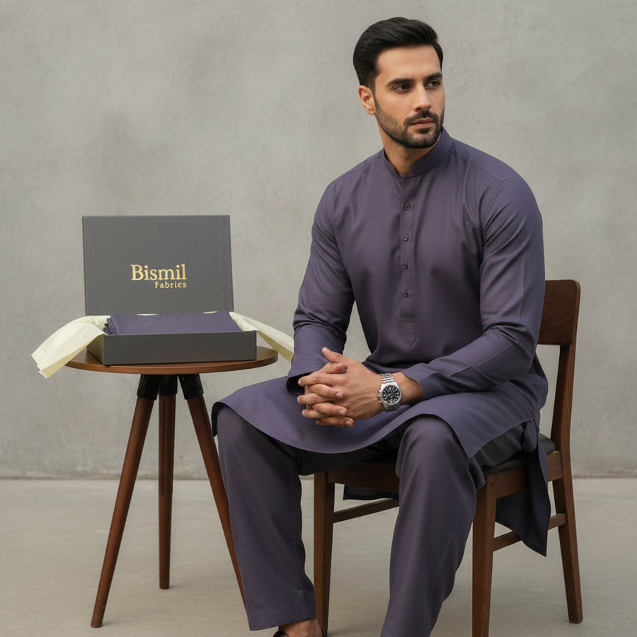 Al Maknoon Plum - Men Blended Unstitched Fabric