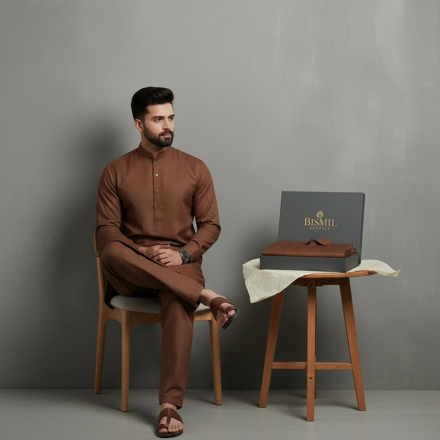 Al Maknoon Rust- Men Blended Unstitched Fabric