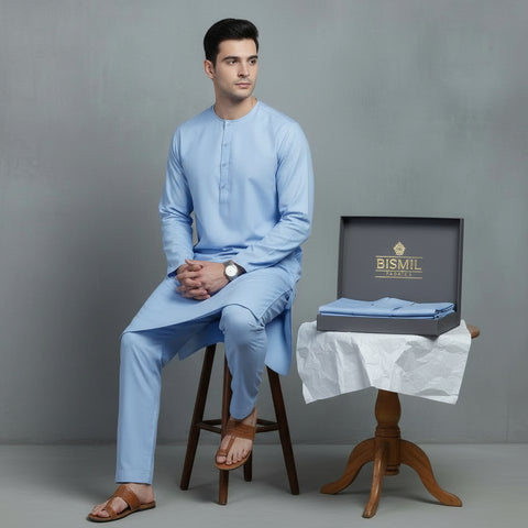Al Maknoon Sky Blue - Men Blended Unstitched Fabric