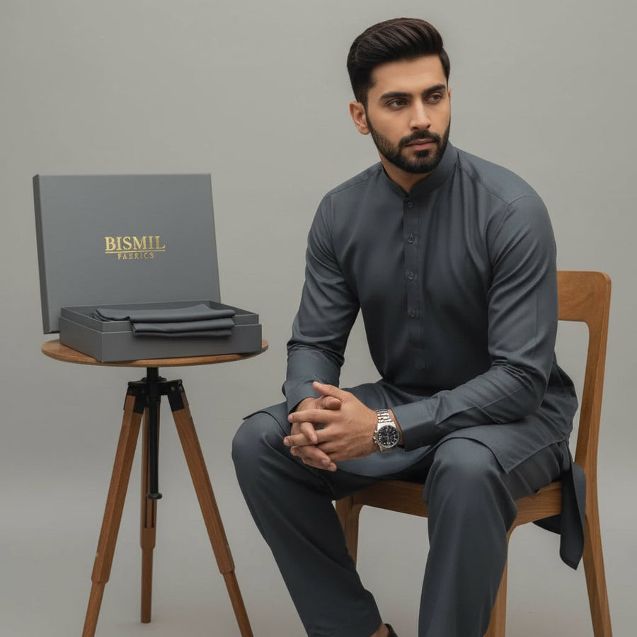 Al Maknoon Slate gray - Men Blended Unstitched Fabric