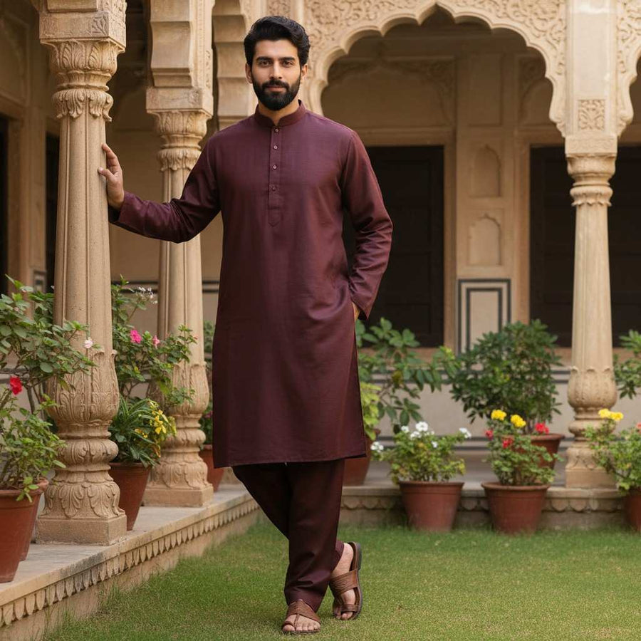 Al Maknoon Red Brown - Men Blended Unstitched Fabric