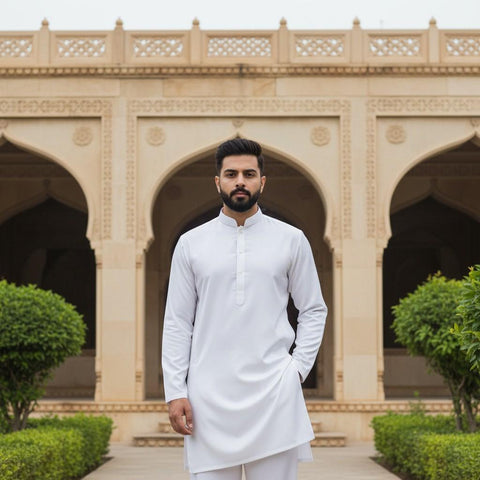 Man in a white traditional outfit standing in front of an architectural building with arches.