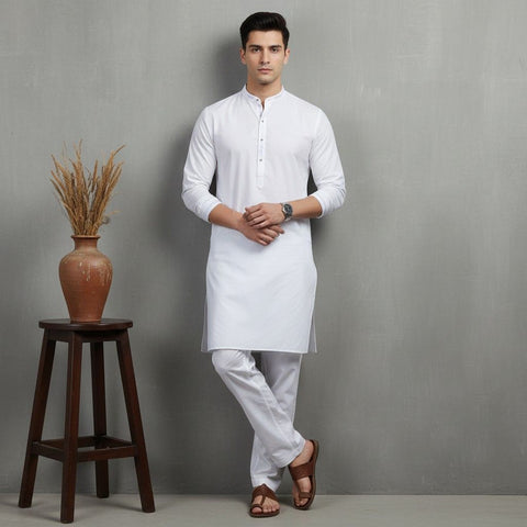 Man wearing a white kurta with white pants standing next to a wooden stool with a vase against a gray background