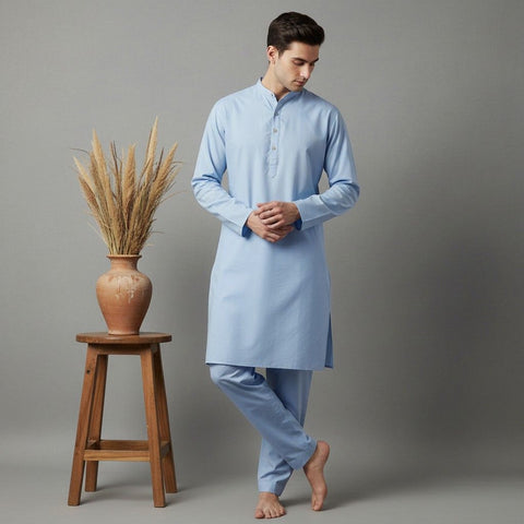 Man wearing a light blue kurta standing next to a wooden stool with a vase containing dried plants on a gray background