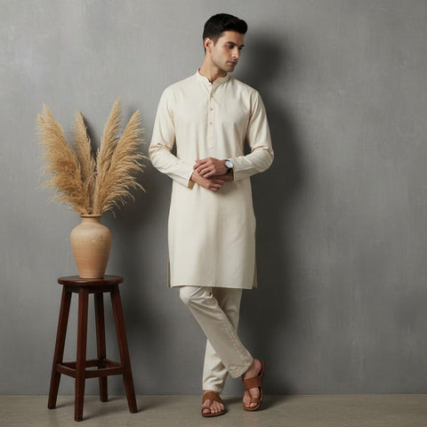 Man wearing a cream kurta with beige pants standing against a gray wall with a decorative plant on a wooden stool.