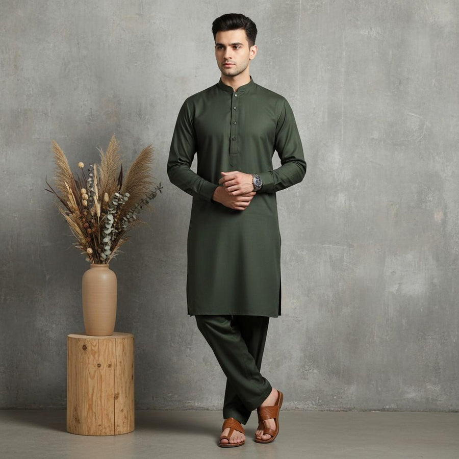 Al Maknoon Olive - Men Blended Unstitched Fabric