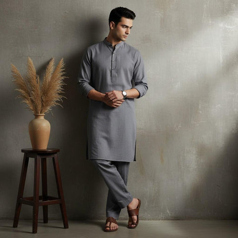 Man wearing a gray kurta standing against a textured wall with a vase and plant on a stool.