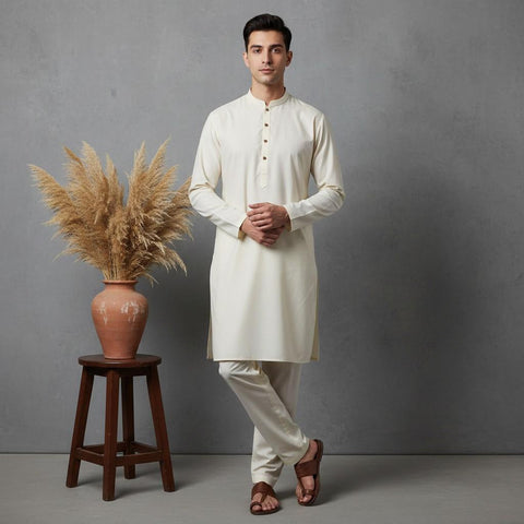 Man wearing a white kurta with a vase of dried plants on a wooden stool against a gray background