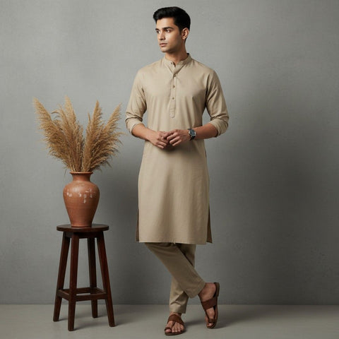 Man wearing a beige kurta standing next to a wooden stool with a vase of dried plants against a gray background