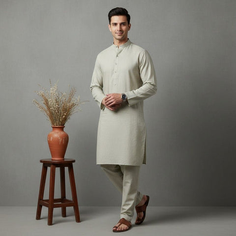 Man wearing a light-colored kurta standing next to a wooden stool with a vase on it against a gray background