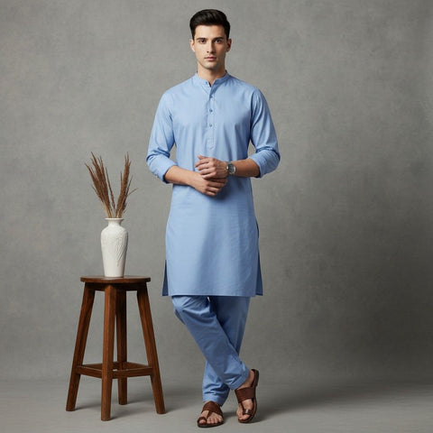 Man wearing a light blue kurta standing next to a wooden stool with a vase on it against a gray background