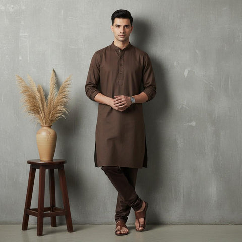 Man wearing a brown kurta standing next to a wooden stool with a vase against a gray wall.
