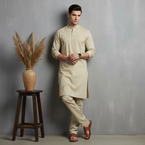 Man wearing a beige kurta standing next to a wooden stool with a vase against a gray wall.